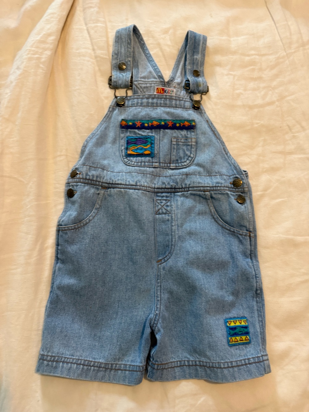 Vintage McKids Light Blue Denim Short Overalls with Ocean Life Accents GUC 1262